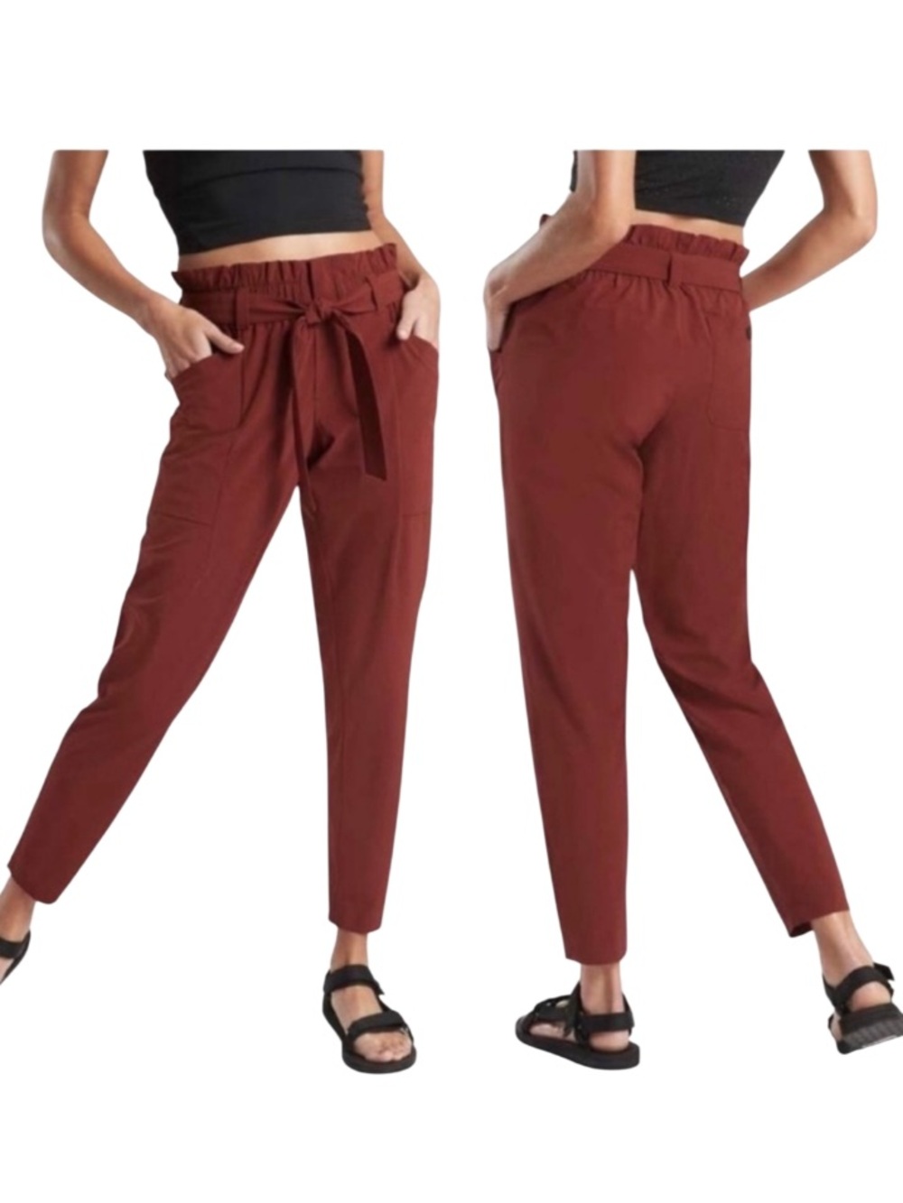 Athleta Skyline Paperbag Tie Waist Tapered Jogger Pants Rust 2